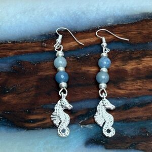 Silver Seahorse Dangle Earrings with Blue Stone Beads Hand Crafted New